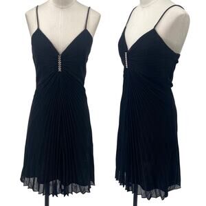 Vintage 90s Plisse Pleated Metallic Mini Dress Rhinestone Detail Black Silver XS